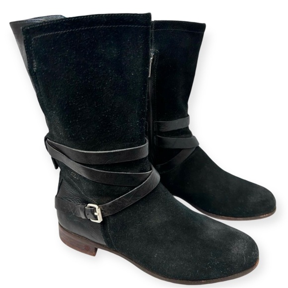 UGG Deanna 1001791 Suede Leather Side Zip Mid Calf Black Belted Buckle Boots 8.5 - Picture 1 of 14